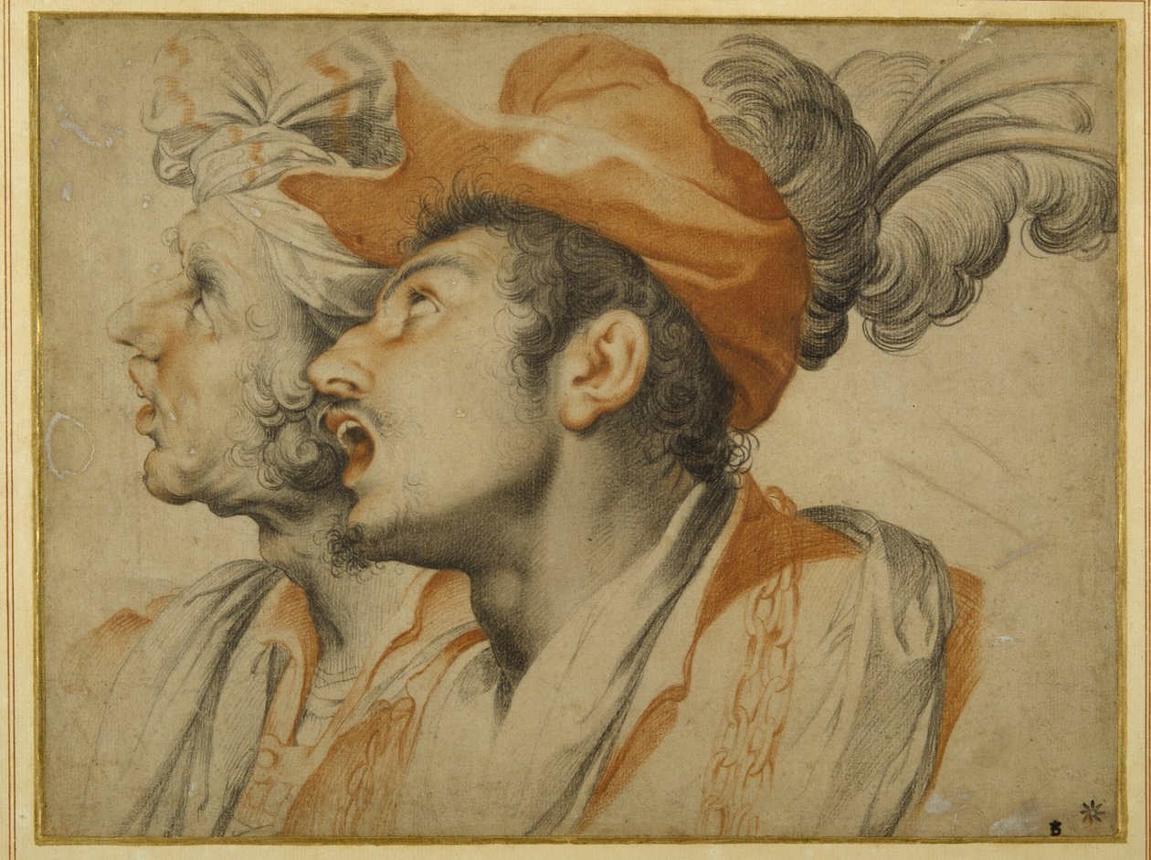Grotesco de dois homens elegantemente vestidos cantando (giz preto e vermelho em papel branco) de Camillo Procaccini