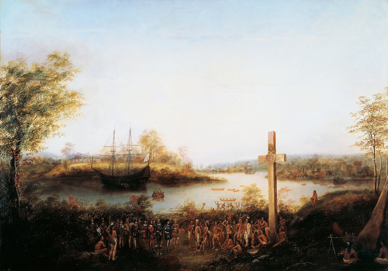 Jacques Cartier (1491-1557) erguendo cruz em Stadacona, onde se encontra agora a cidade de Quebec de Canadian School