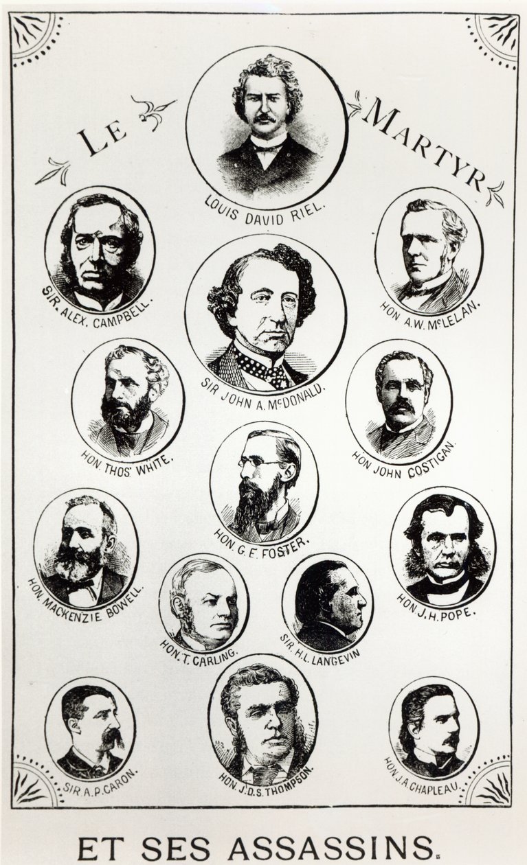 Louis Riel (1844-85) e seus assassinos, ilustração de Le Gibet de Regina, publicado em 1886 de Canadian School