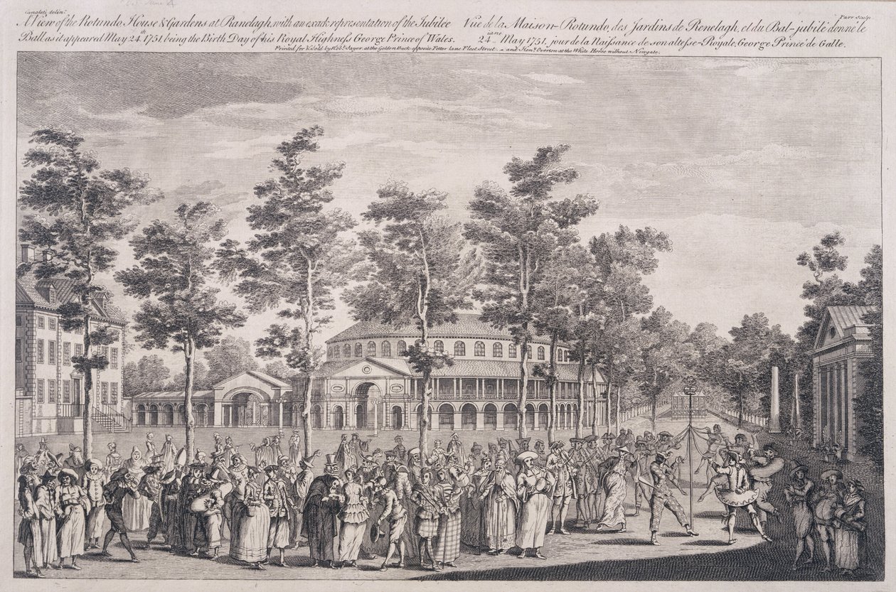 Vista, de, a, rotunda, Ranelagh, casa, em, um, bola, comemorar, a, aniversário, de, HRH, a, príncipe gales, 24 de maio, 1751, gravado, por, Parr de Canaleti