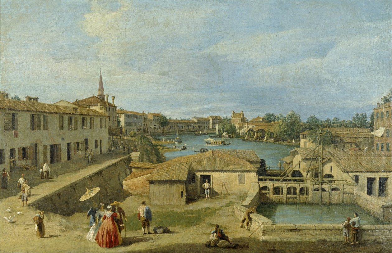 Uma vista de Dolo no canal de Brenta, c.1725-29 de Giovanni Antonio Canal