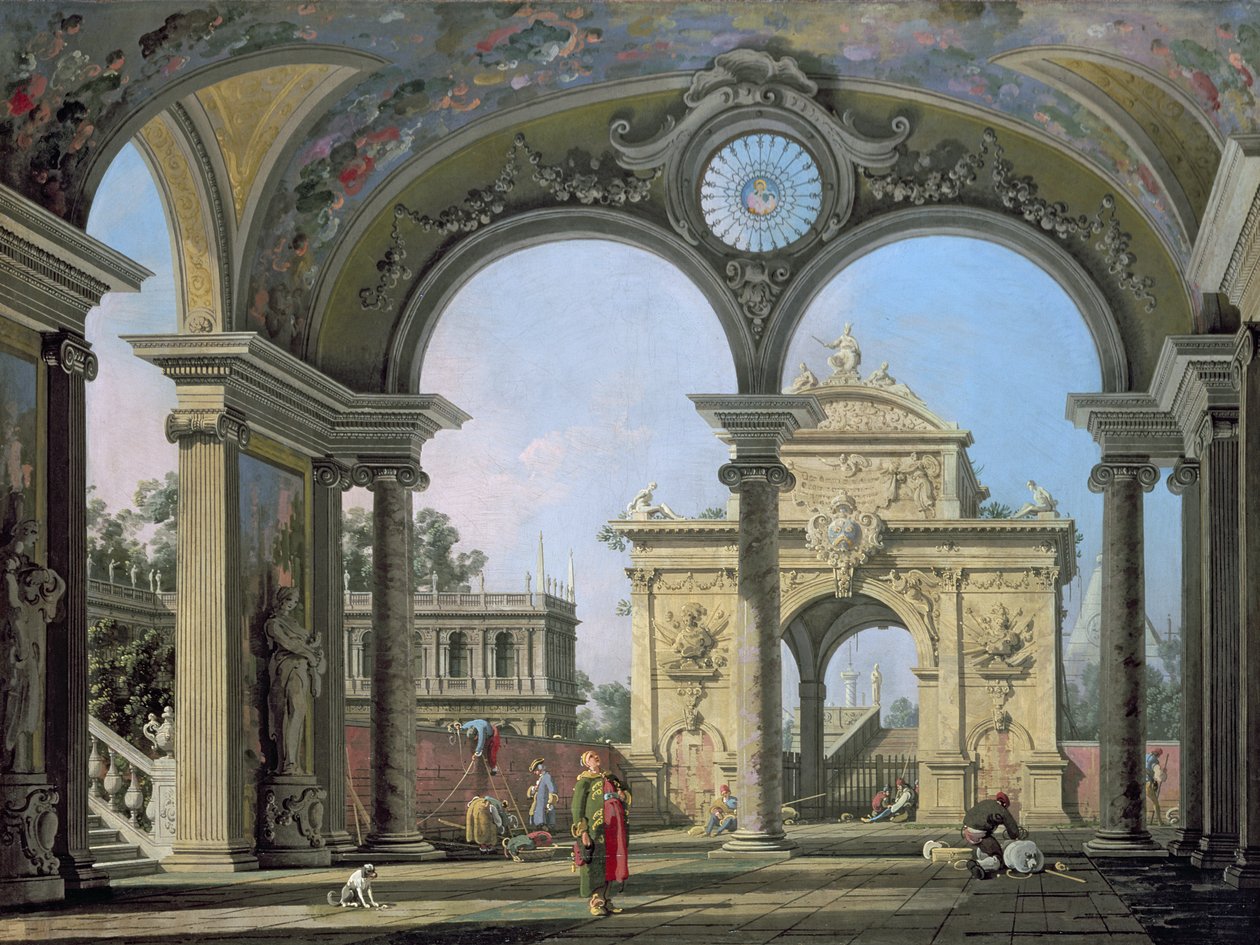 Capricho de um arco triunfal visto através de um arco ornamentado, c.1750 de Giovanni Antonio Canal