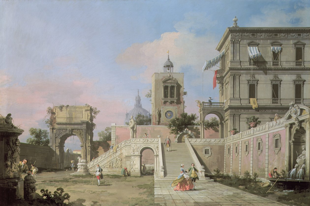 Capriccio de voos geminados de degraus que levam a um palazzo, c.1750 de Giovanni Antonio Canal
