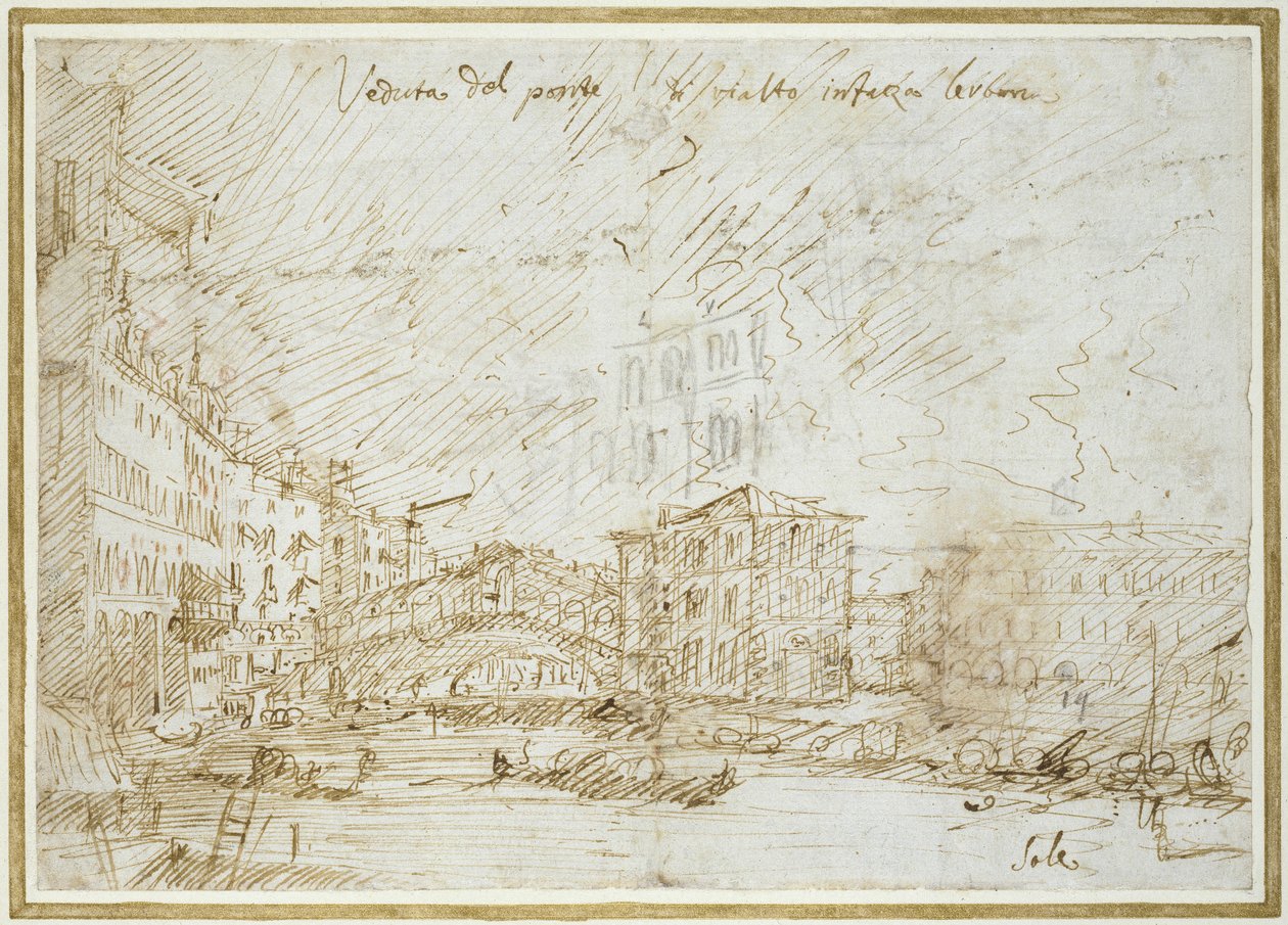 A Ponte de Rialto (pena e tinta marrom no papel) de Giovanni Antonio Canal
