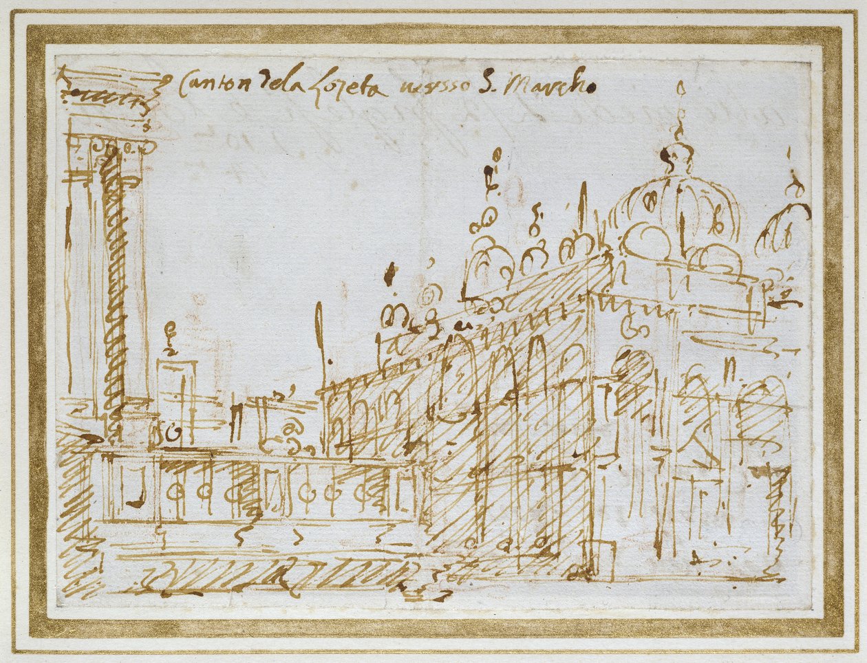 Veneza: São Marcos e Loggetta (caneta e tinta marrom) de Giovanni Antonio Canal