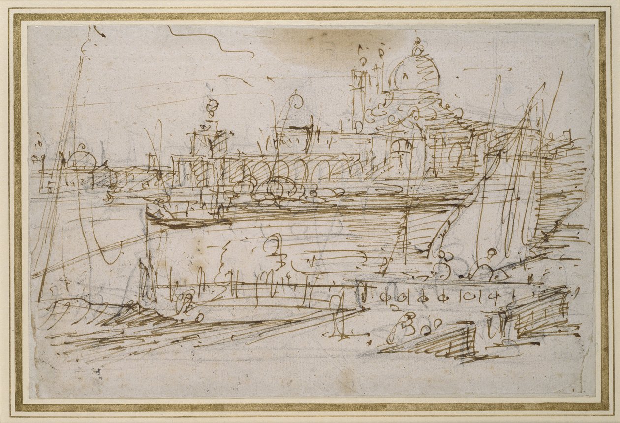 Veneza: O Dogana e S. Maria della Salute do Molo di Terranova (caneta e tinta marrom sobre giz preto) de Giovanni Antonio Canal