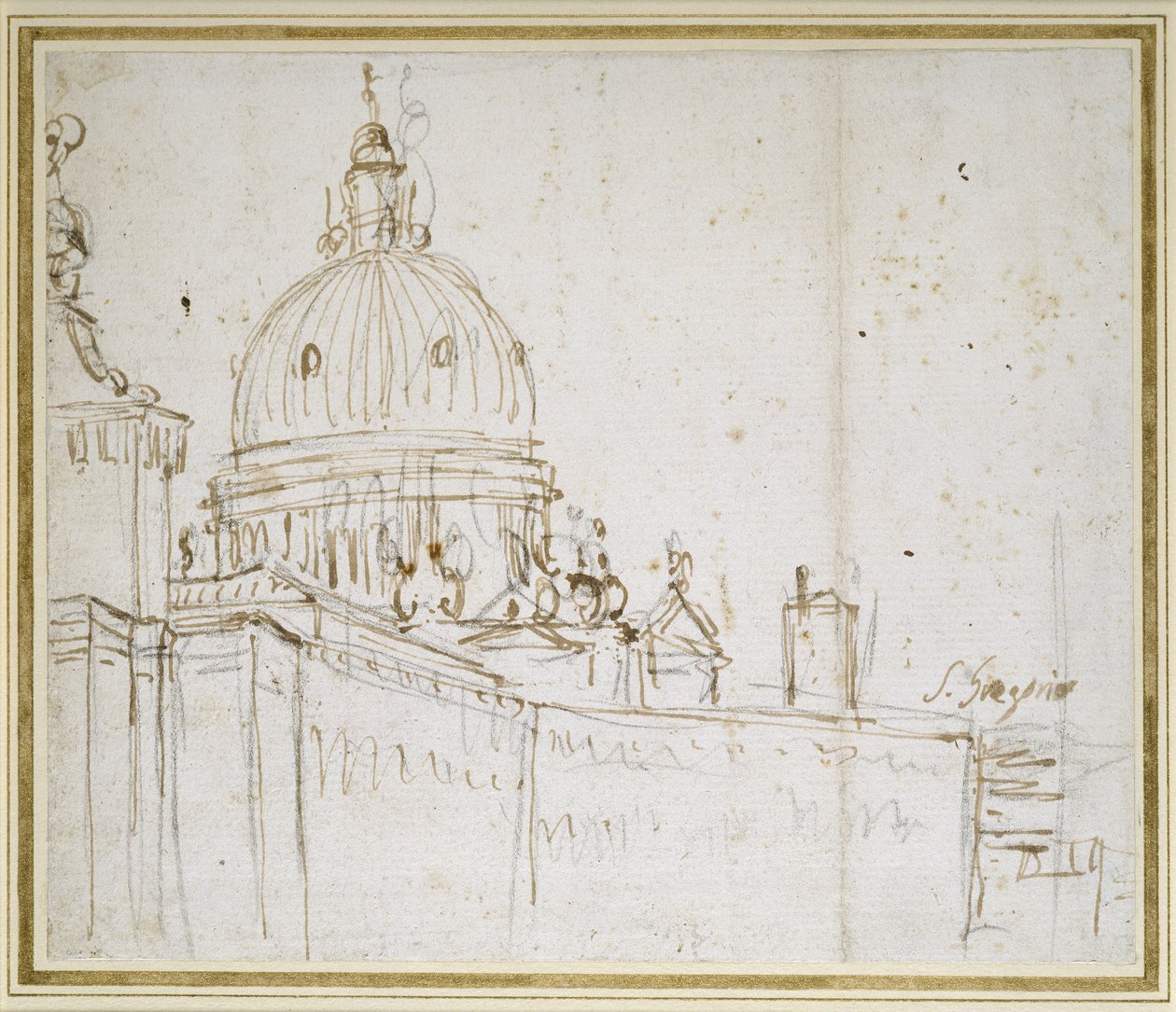 Veneza: Dogana di Mare e S. Maria della Salute (caneta e tinta marrom sobre giz preto) de Giovanni Antonio Canal