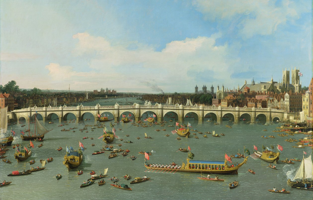Westminster Bridge, Londres, com procissão do Lord Mayor no Tamisa (detalhe de 118509) de Giovanni Antonio Canal
