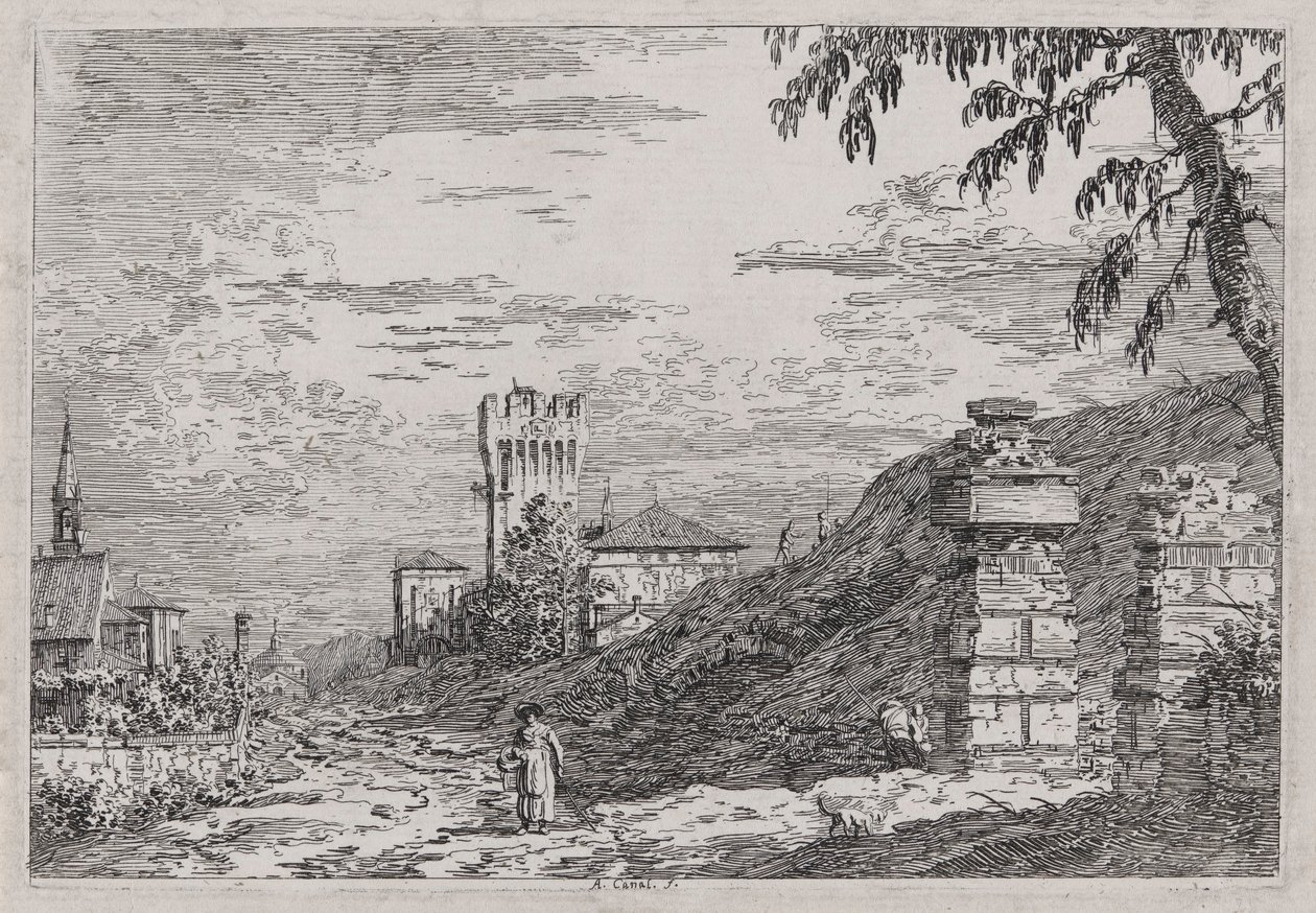 Paisagem com Torre e Dois Pilares Arruinados, da série Vedute (Vistas) de Canaletto (Giovanni Antonio Canal)