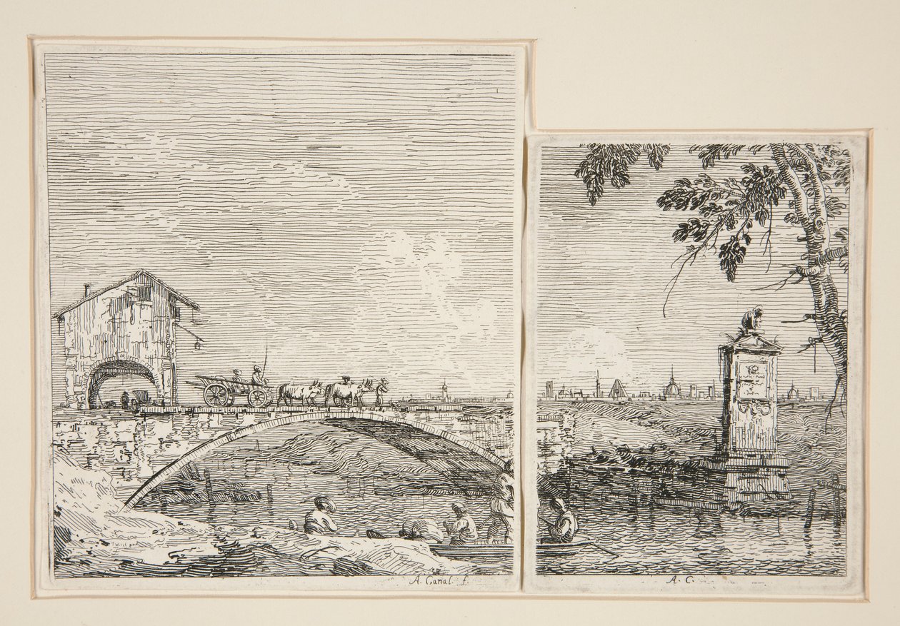 A carroça que passa sobre uma ponte [e] O pequeno monumento (debaixo de uma árvore), da série Vedute (Vistas) de Canaletto (Giovanni Antonio Canal)
