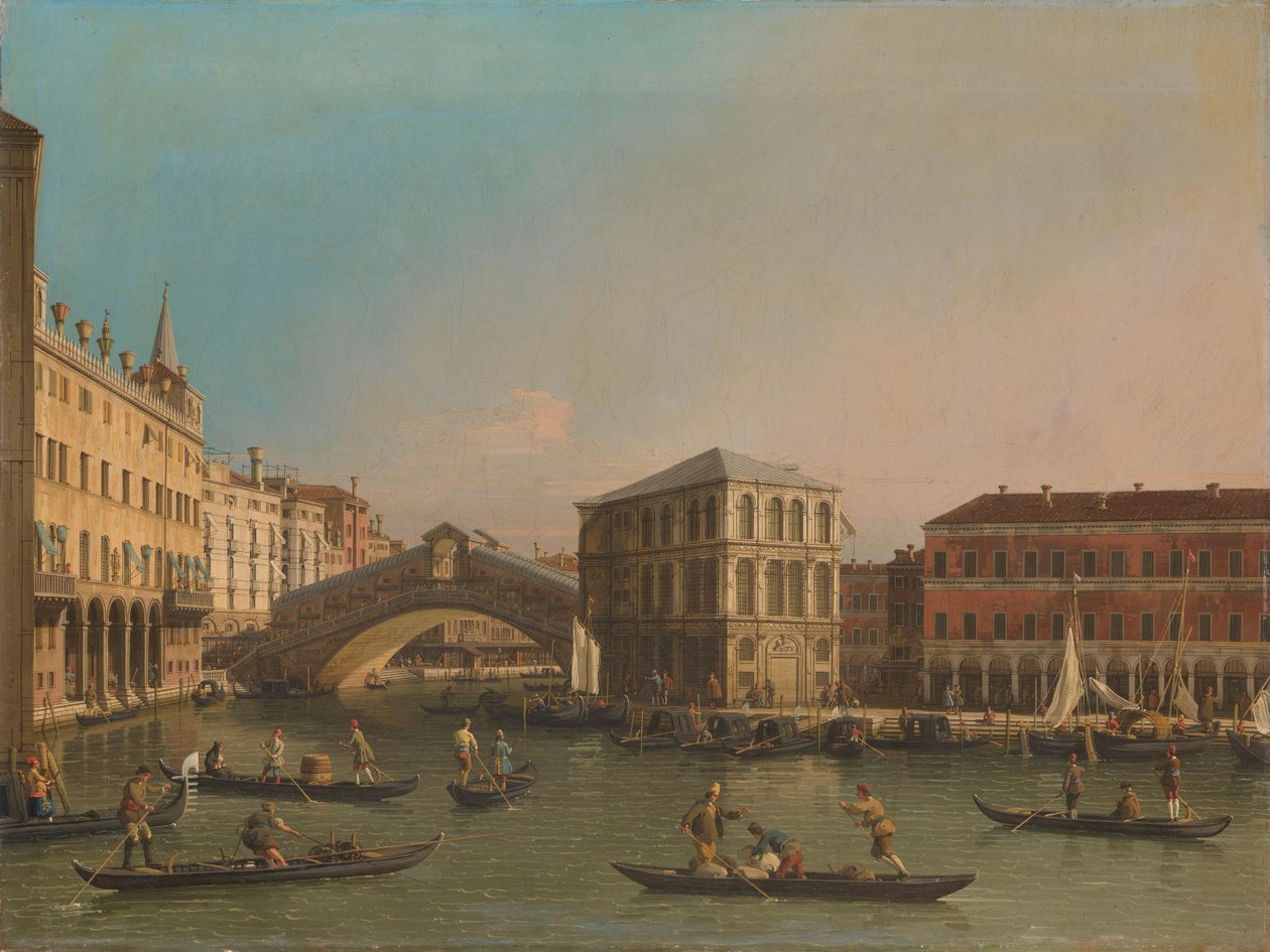 O Grande Canal com a Ponte Rialto e o Fondaco dei Tedeschi de Canaletto (workshop of)