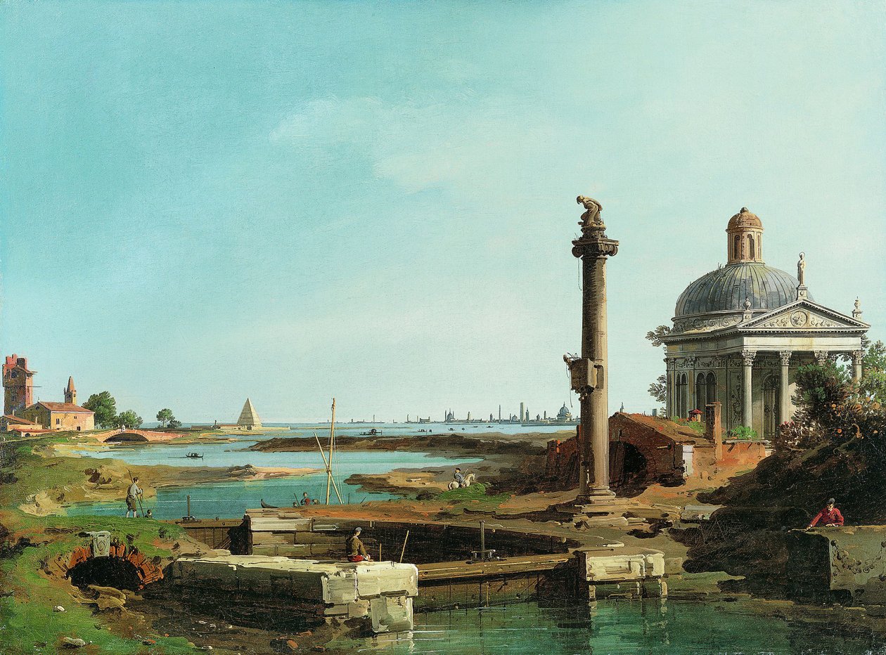 Uma fechadura, uma coluna e uma igreja ao lado de uma lagoa. de Giovanni Antonio Canal