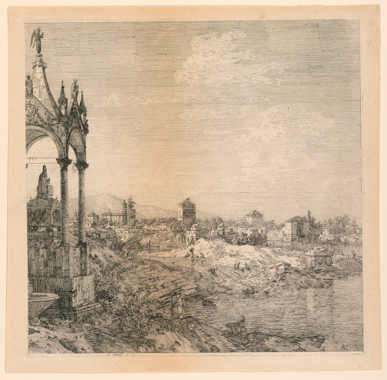 Uma vista de uma cidade com o túmulo de um bispo de Canaletto