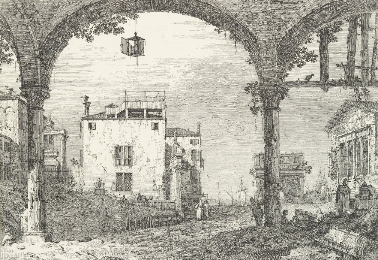 Pórtico de três arcos com lanterna aberta ao centro, arco triunfal e rui..., 1735-46. de Canaletto