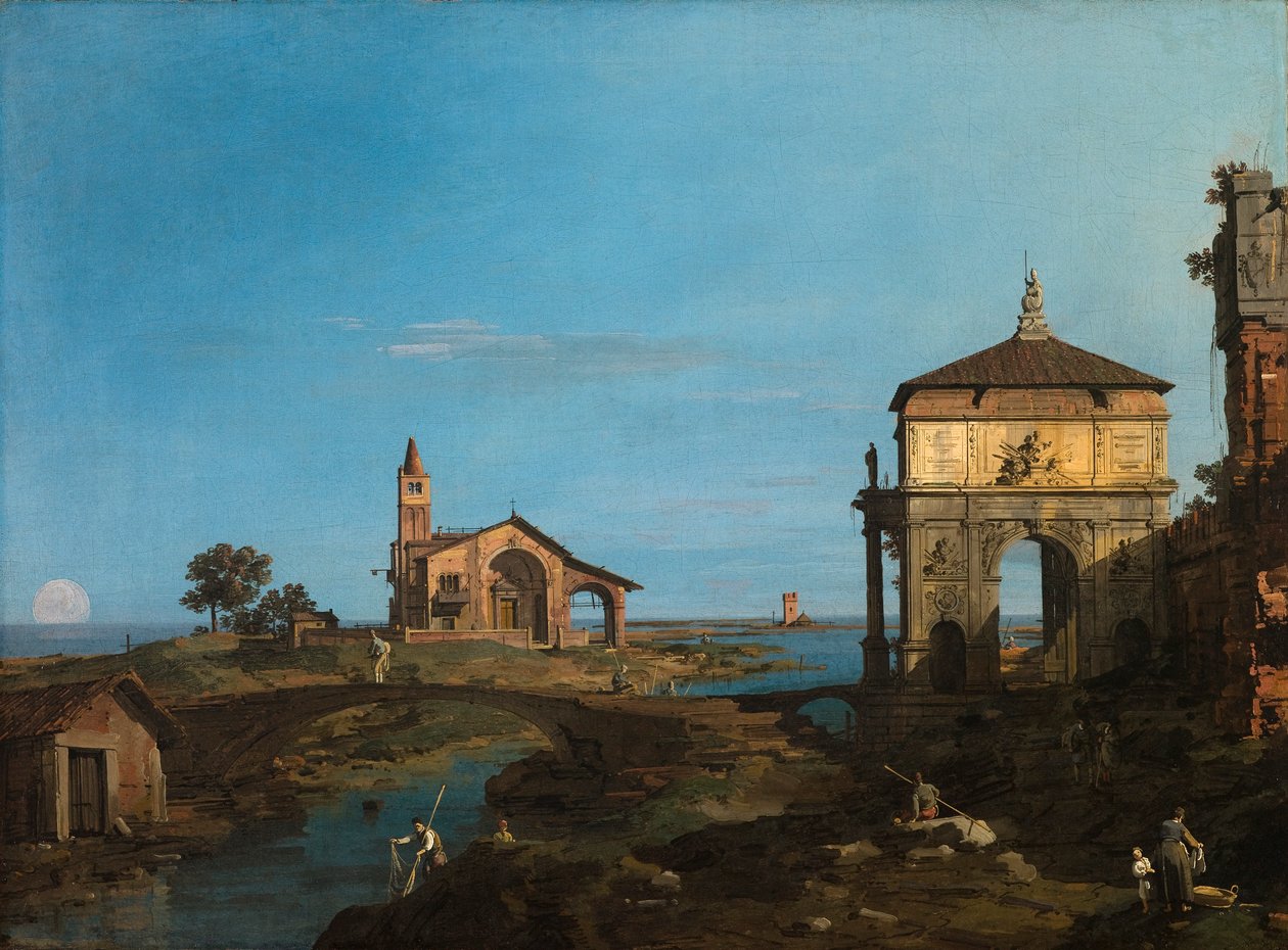 Uma ilha na lagoa com um portal e uma igreja de Canaletto