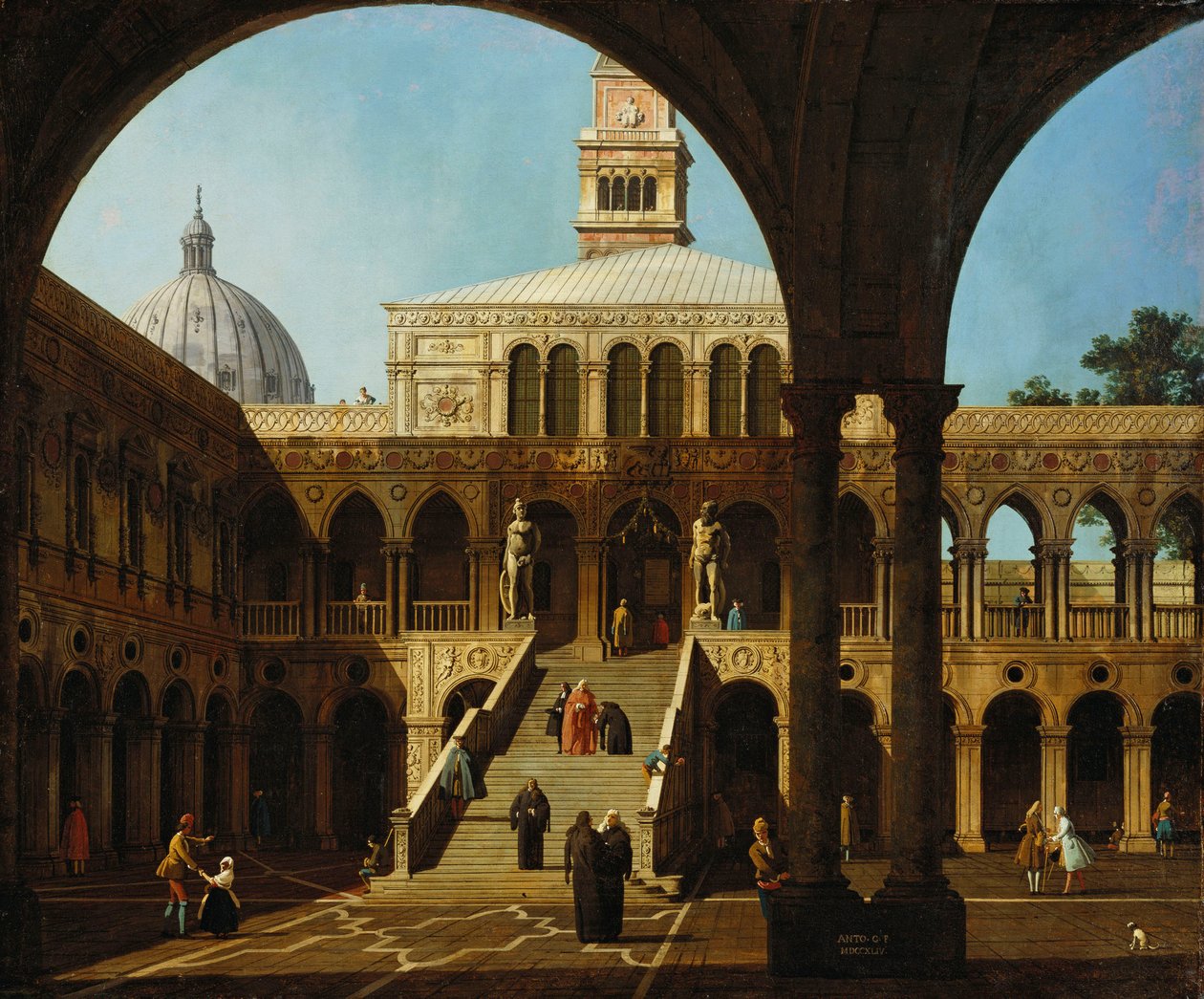 Canaletto - Capriccio Vista do pátio do Palazzo Ducale com a Scala dei Giganti Assinado e datado de 1744 de Canaletto
