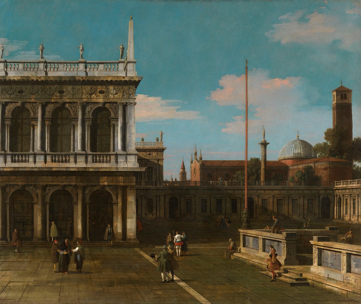Canaletto - Capriccio Vista da Piazzetta com a Libreria Assinado e datado de 1744 de Canaletto