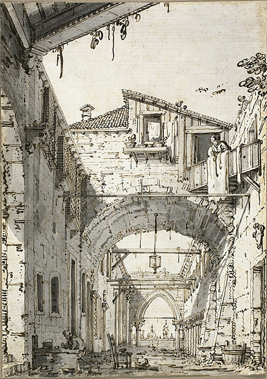 Capriccio: A Street Crossed by Arches (reto) Esboços da Porta, Escadaria e Segundo Andar do Edifício (verso) de Canaletto