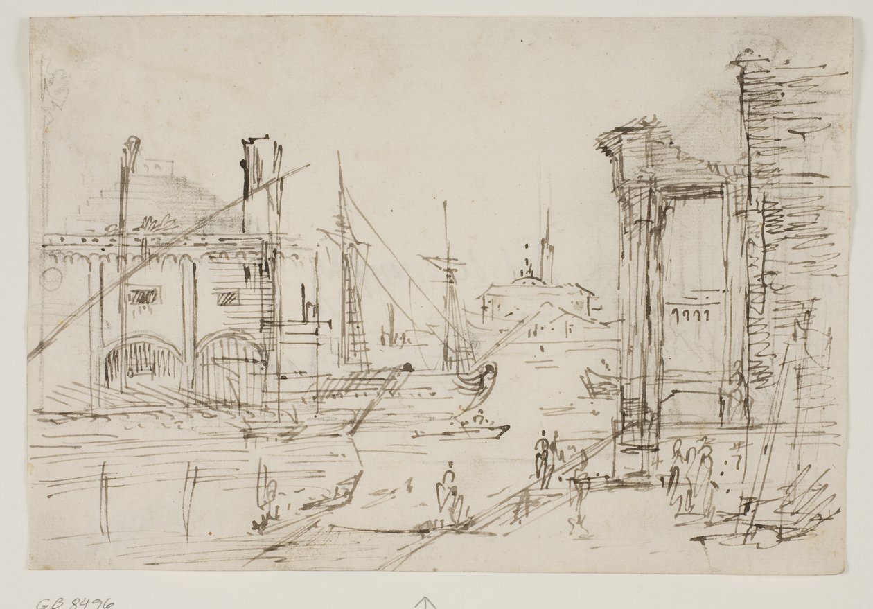 Capriccio com ruínas clássicas em um cais, uma casa de barcos, duas galeras, dois mastros de um veleiro atrás deles, uma igreja abobadada ao fundo de Canaletto