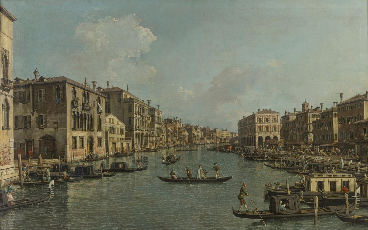 Alemão: Der Canal Grande mit Blick in südöstlicher Richtung auf die Rialtobrücke O Canal Grande com vista para sudeste em direção à Ponte de Rialto de Canaletto