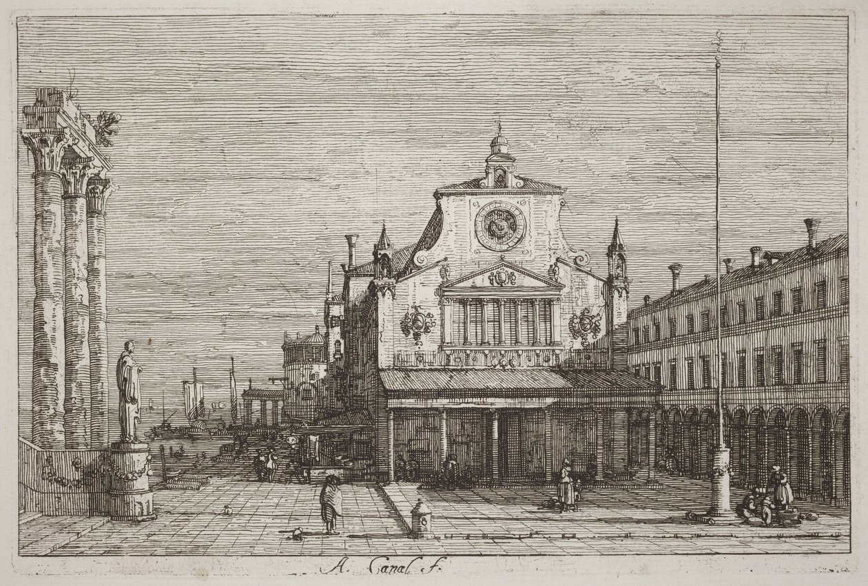 Visão imaginária de S. Giacomo di Rialto [canto superior direito] de Canaletto
