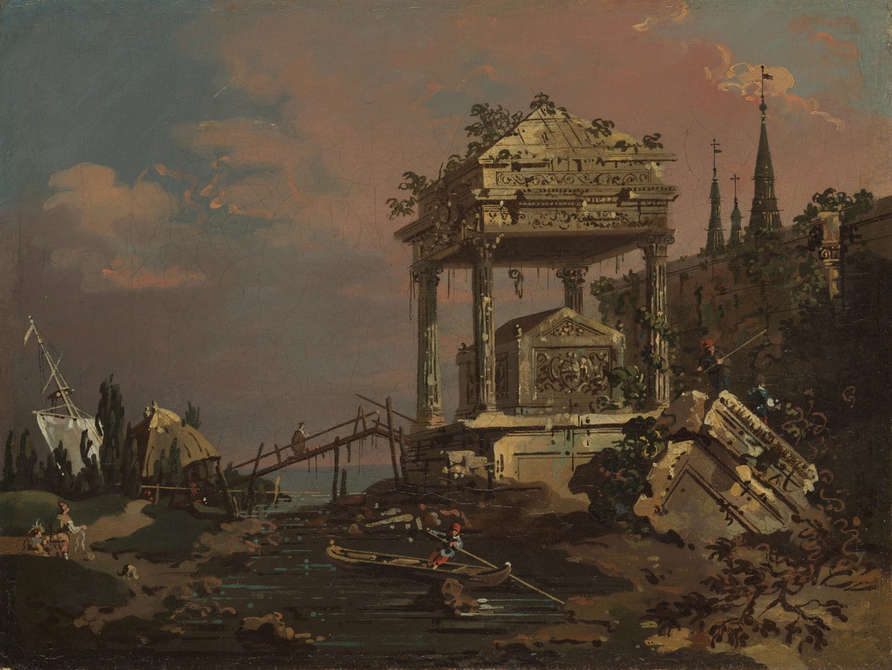 Vista imaginária com um túmulo à beira da lagoa, início dos anos 1740. de Giovanni Antonio Canal