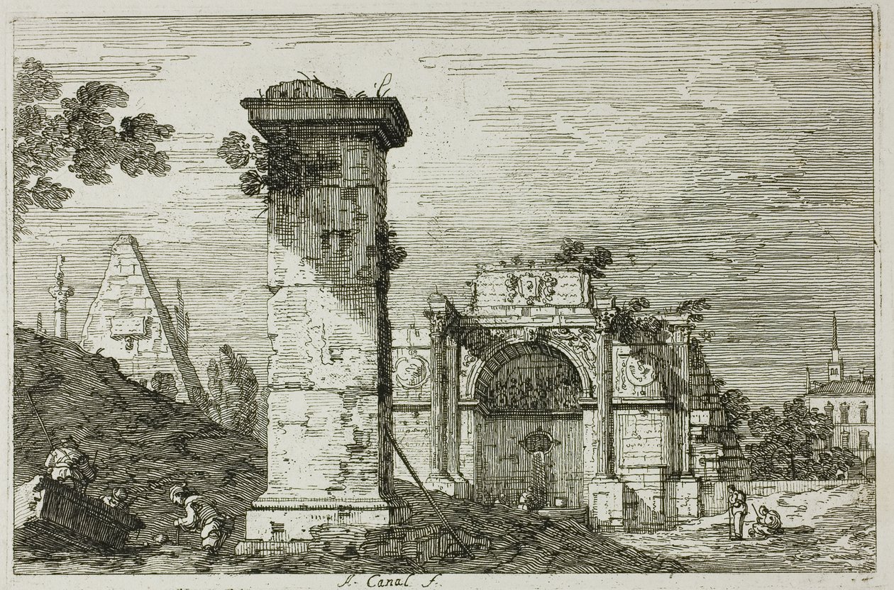 Paisagem com monumentos em ruínas, de Vedute de Canaletto