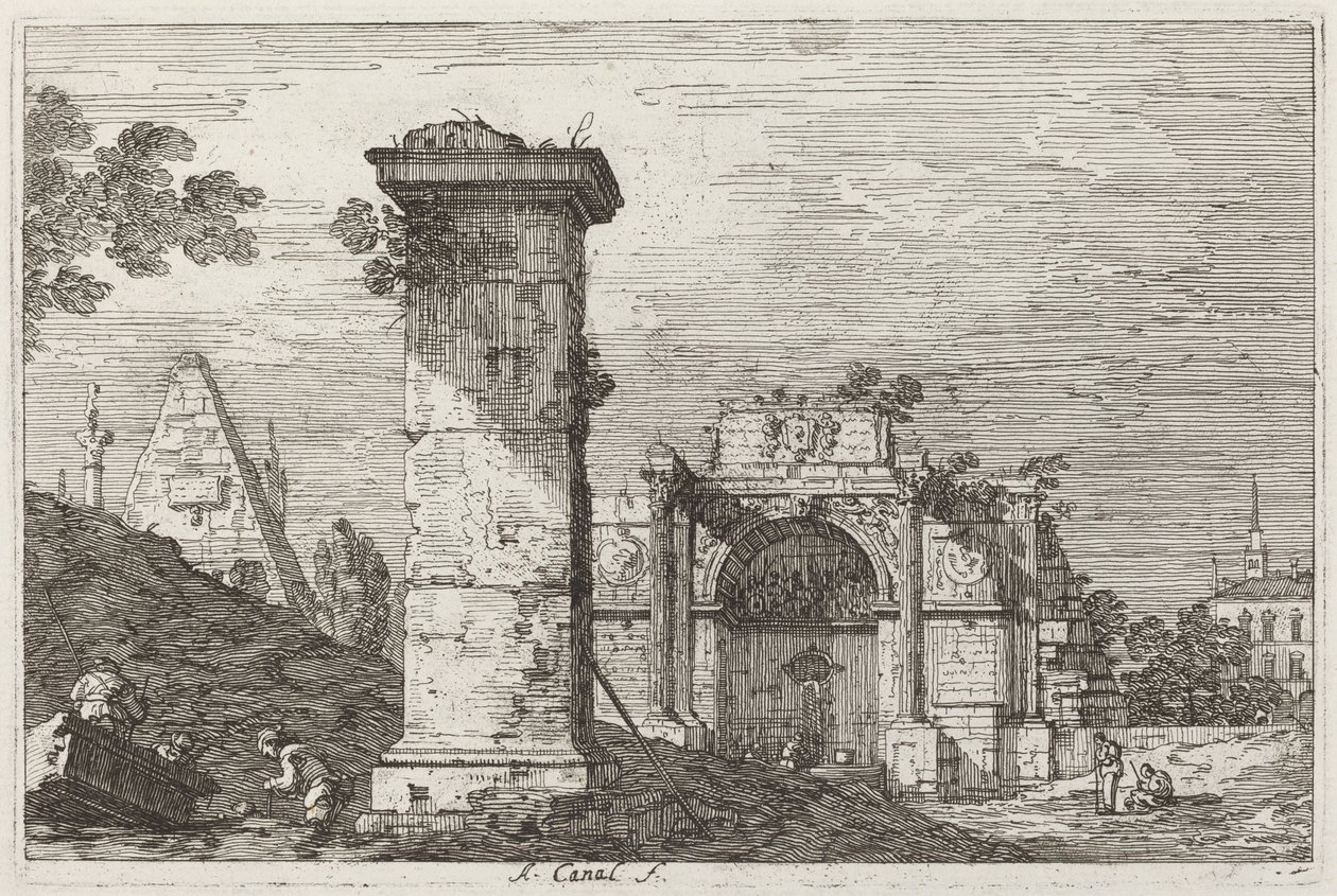 Paisagem com monumentos em ruínas [direita] de Canaletto