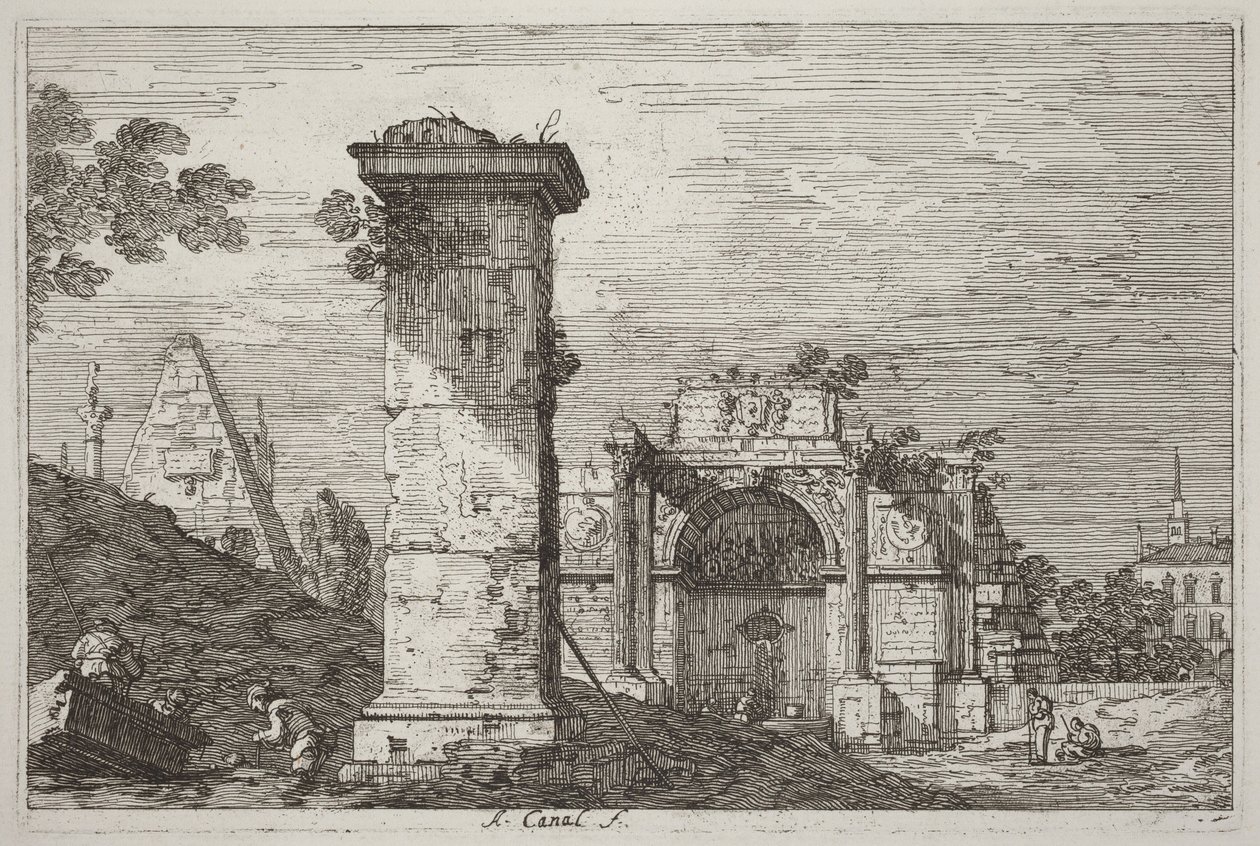 Paisagem com monumentos em ruínas [à direita] de Canaletto