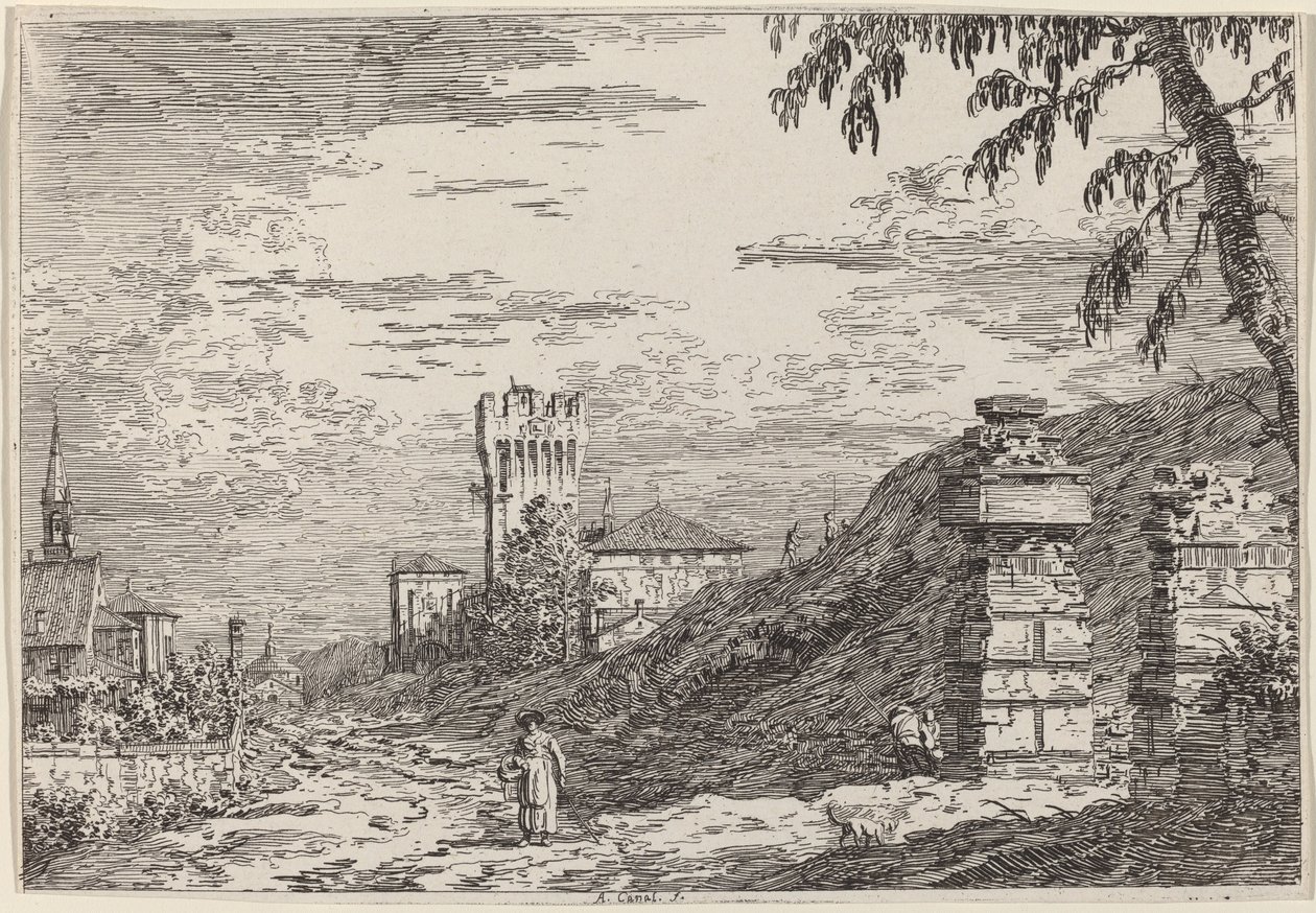 Paisagem com torre e dois pilares em ruínas de Canaletto