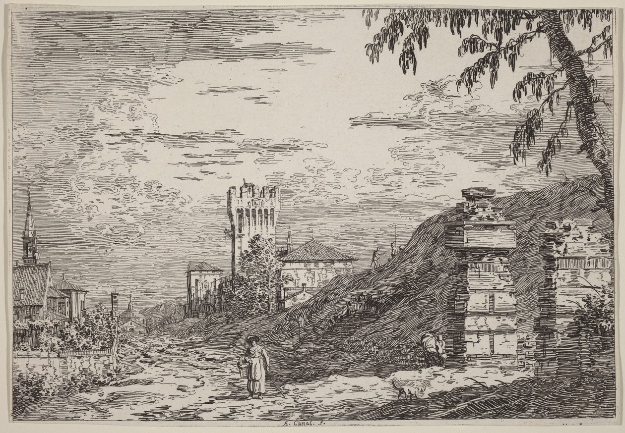 Paisagem com uma torre e dois pilares em ruínas de Canaletto