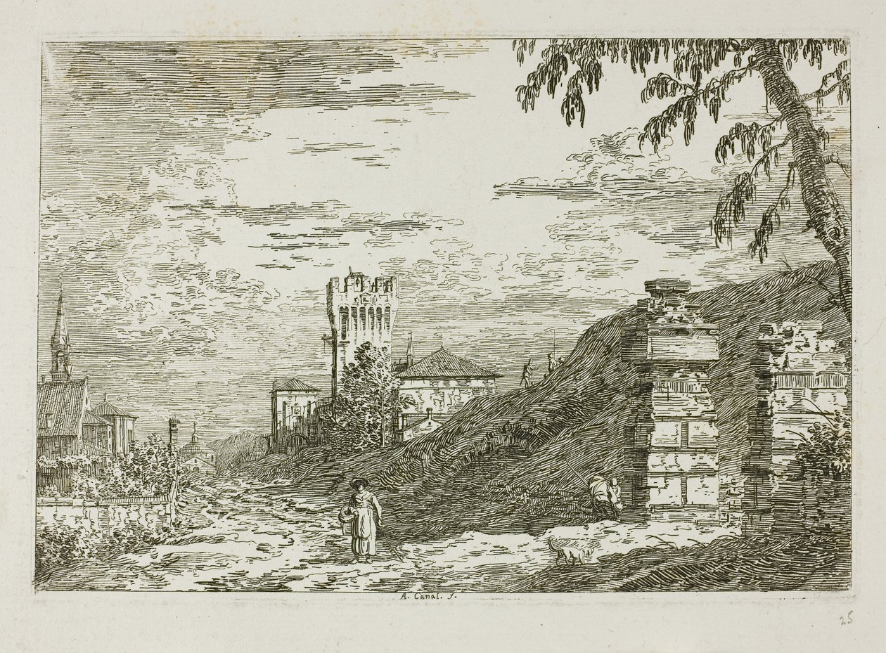 Paisagem com torre e dois pilares em ruínas, de Vedute de Canaletto