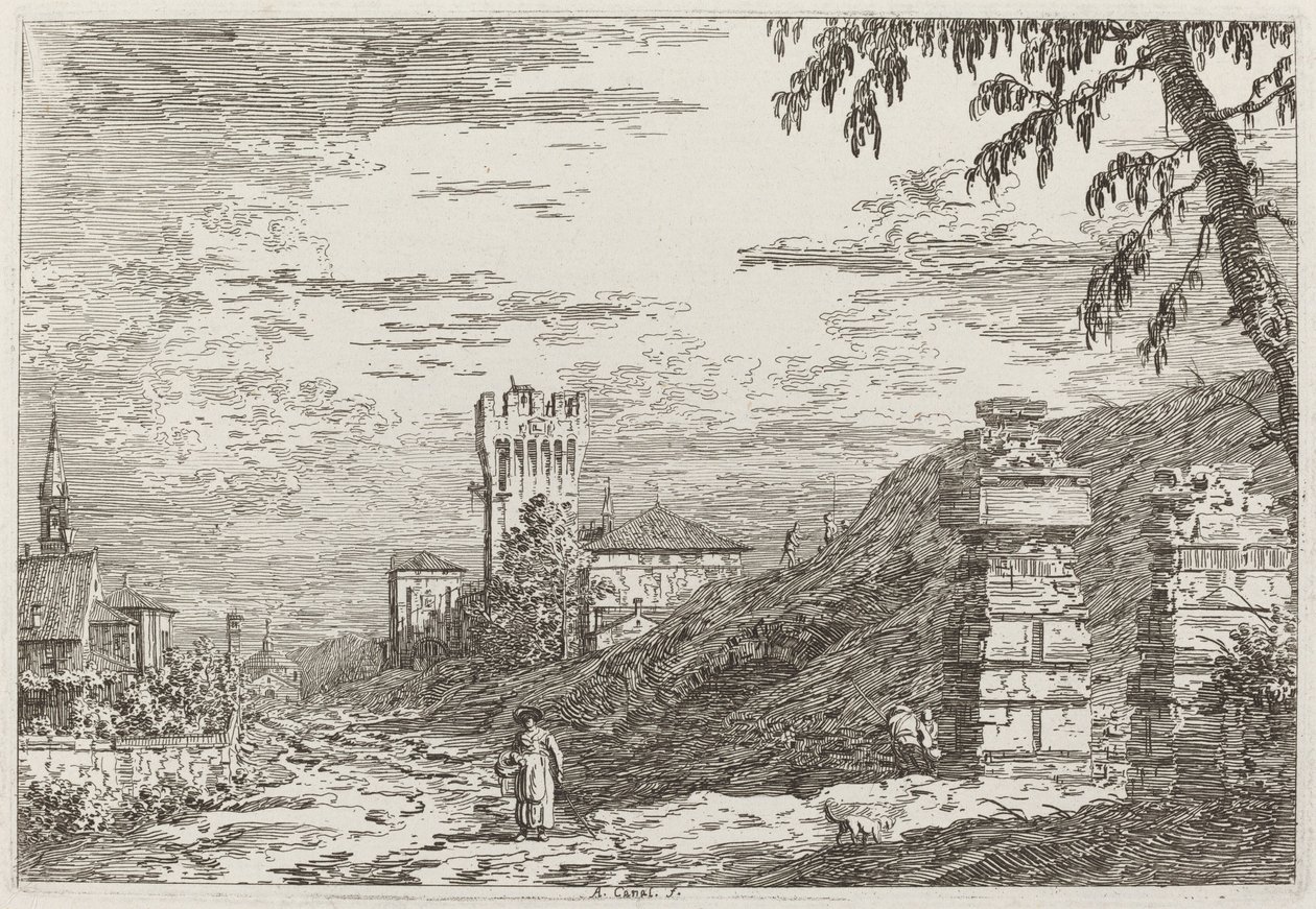 Paisagem com torre e dois pilares em ruínas [esquerda] de Canaletto