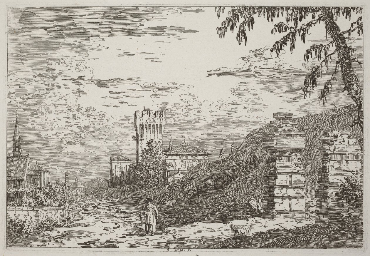 Paisagem com torre e dois pilares em ruínas [à esquerda] de Canaletto
