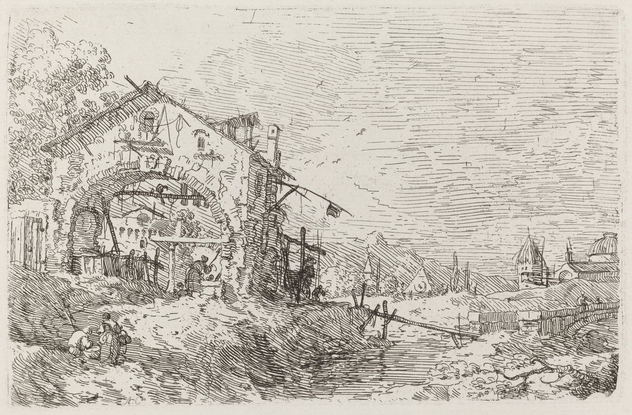 Paisagem com uma mulher em um poço [inferior esquerdo] de Canaletto