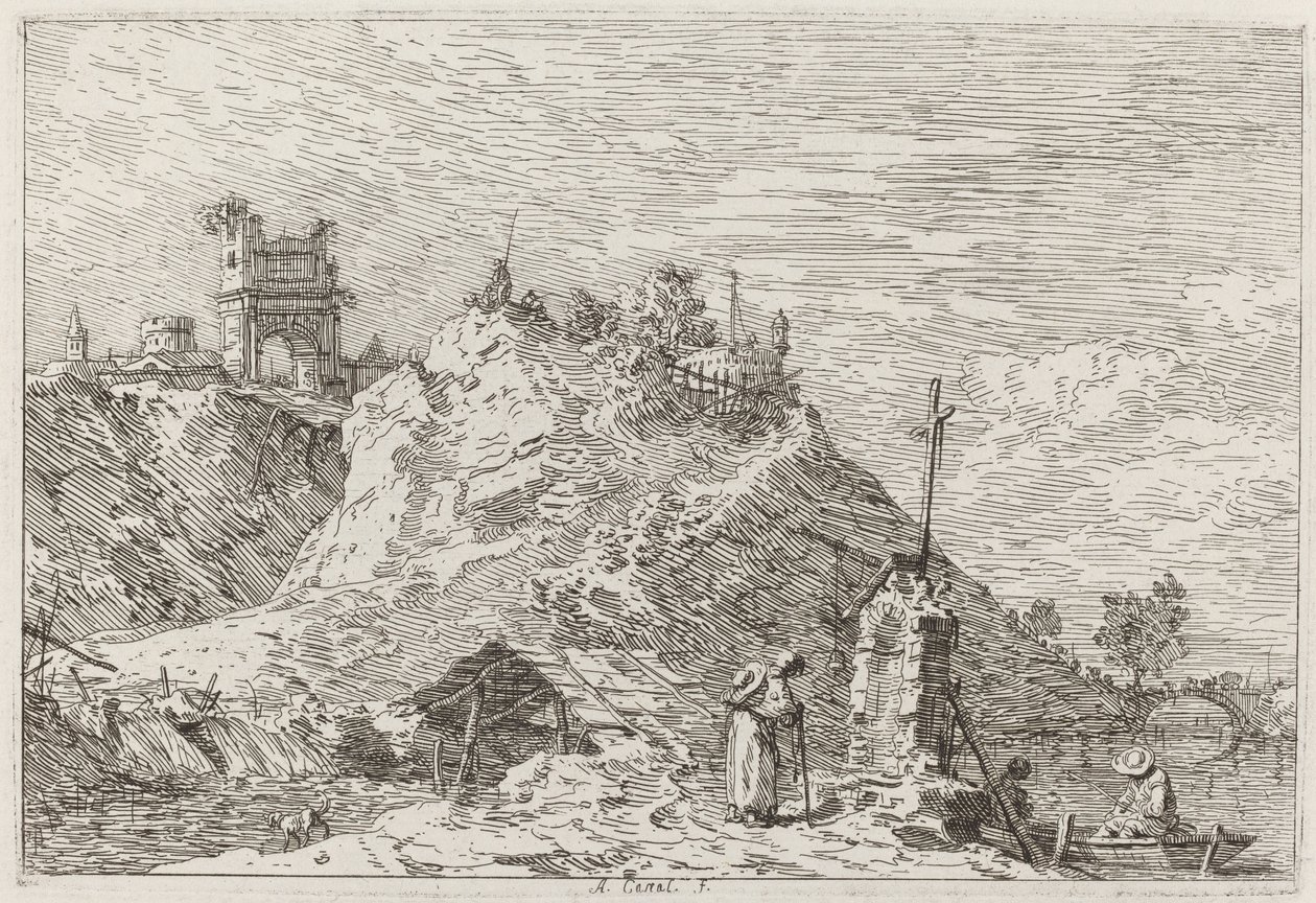 Paisagem com o Peregrino em Oração [superior esquerdo], c. 17351746. de Canaletto