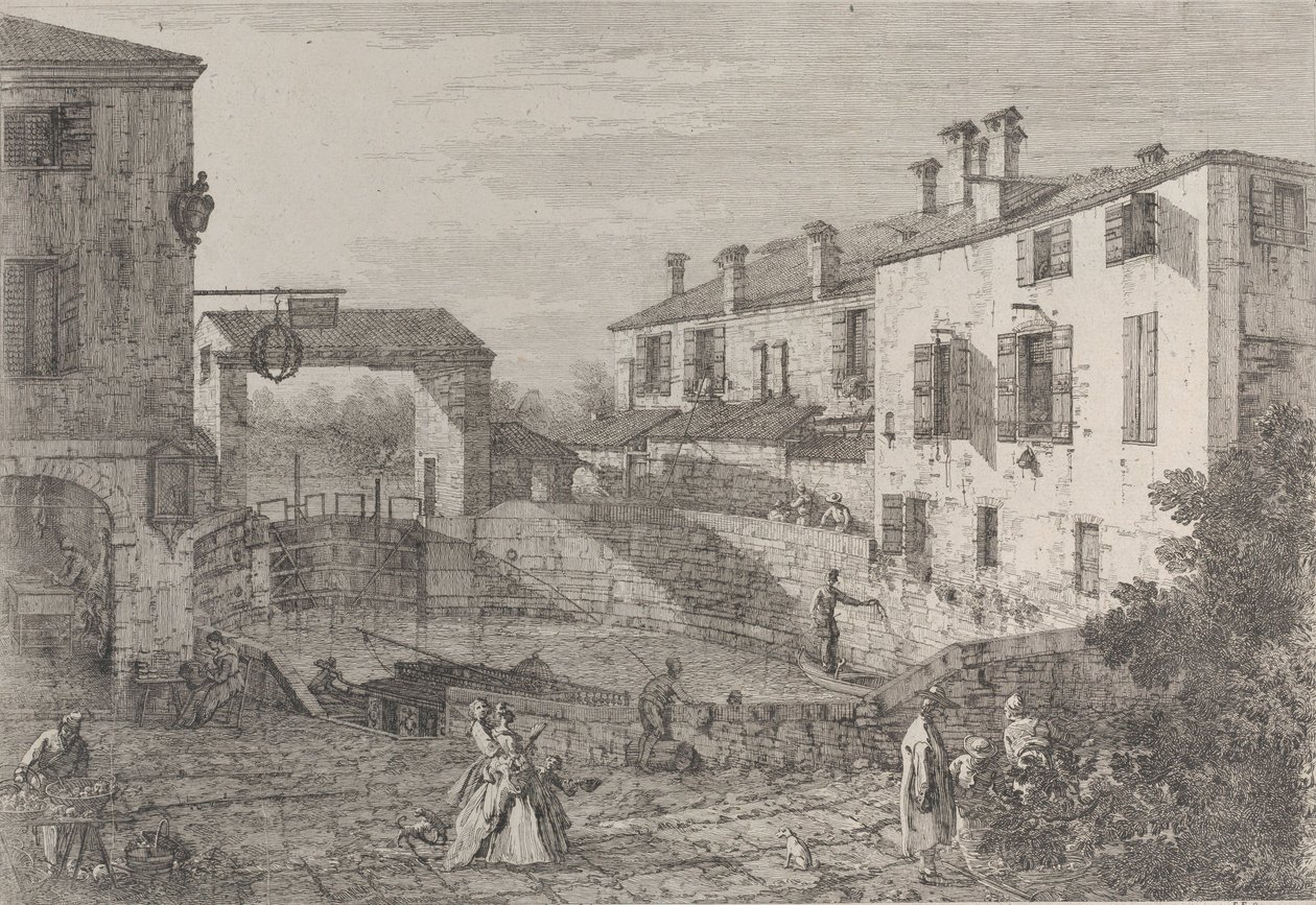 Le porte del Dolo: a bacia oval das eclusas de Dolo, com uma barca ancorada no cais..., 1735-46. de Canaletto