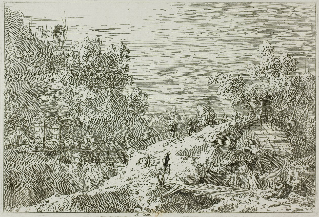 Paisagem de montanha com cinco pontes, de Vedute de Canaletto