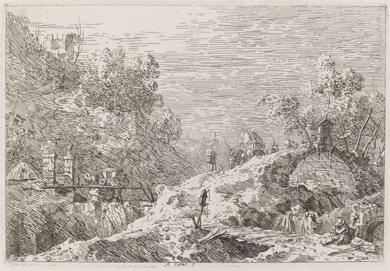 Paisagem de montanha com cinco pontes [inferior direito] de Canaletto