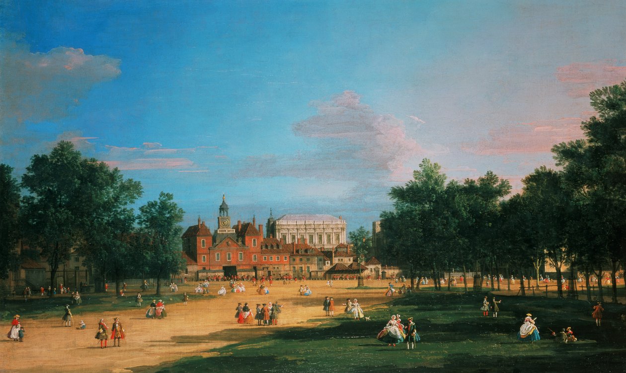 Guardas de cavalos velhos e o salão de banquetes, Whitehall do St James "s Park, 1749 de Giovanni Antonio Canal