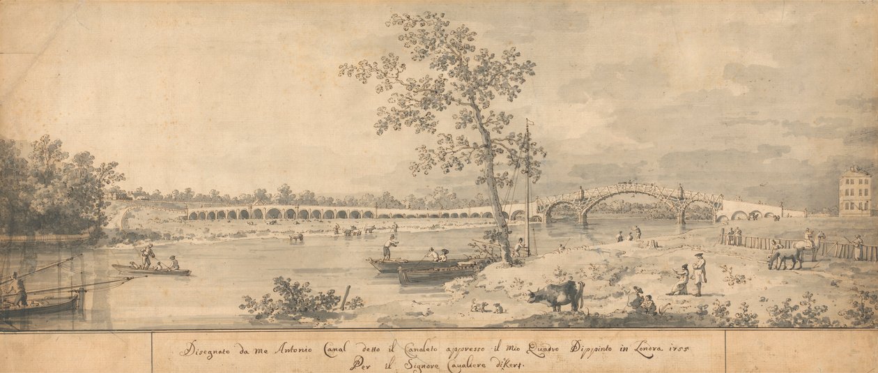 A velha ponte Walton vista da costa de Middlesex de Canaletto