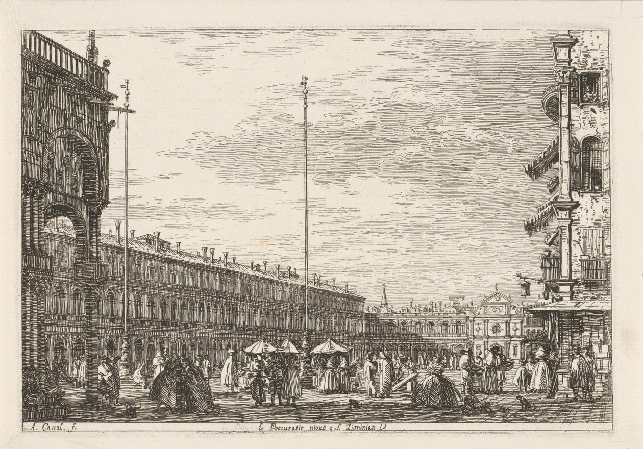Piazza San Marco
Le procuratie niove e S. Ziminian V. (título sobre o objecto)
Faces sobre lugares existentes e inventados (título da série)
Vedute altre prese da i Luoghi altre ideate da Antonio Canal (título da série) de Canaletto
