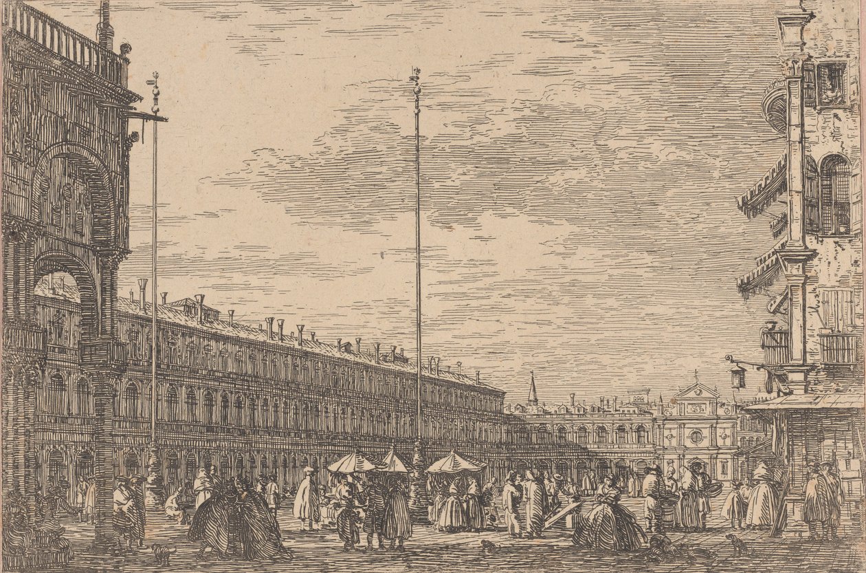 Piazza San Marco com a Procuratie Nuove à esquerda e a igreja de San Geminiano ..., 1735-46. de Canaletto
