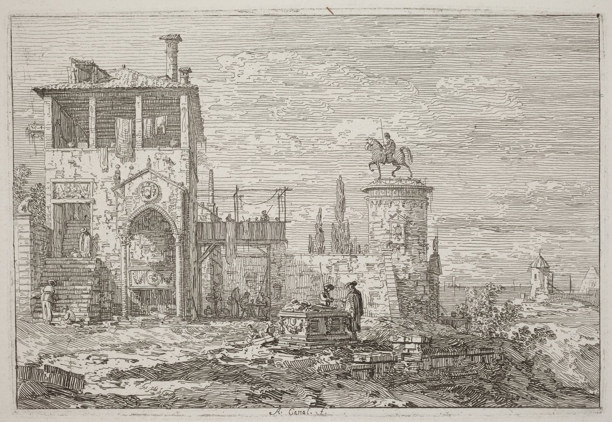 O monumento equestre [canto superior direito] de Canaletto