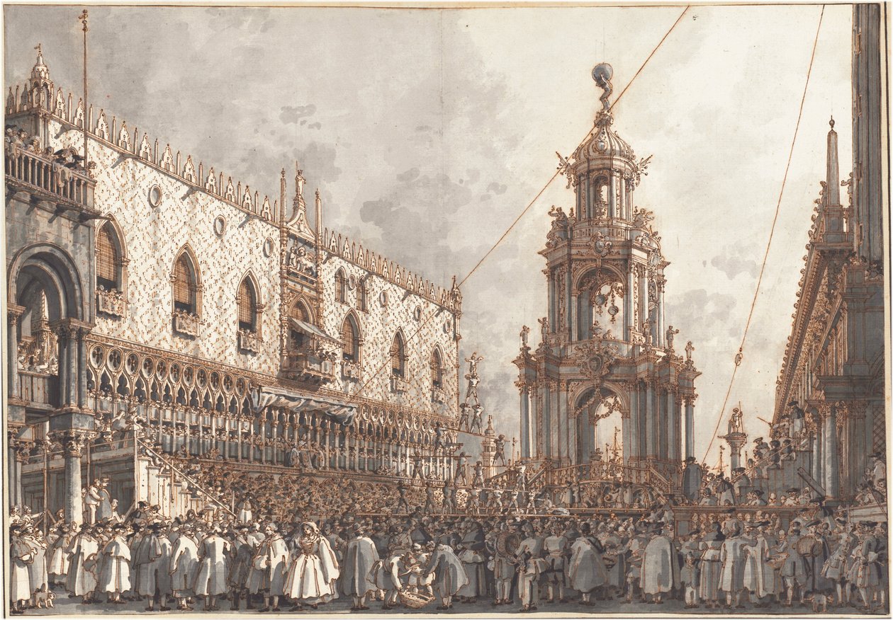O Festival «Giovedì Grasso» em frente ao Palácio Ducal, em Veneza de Canaletto