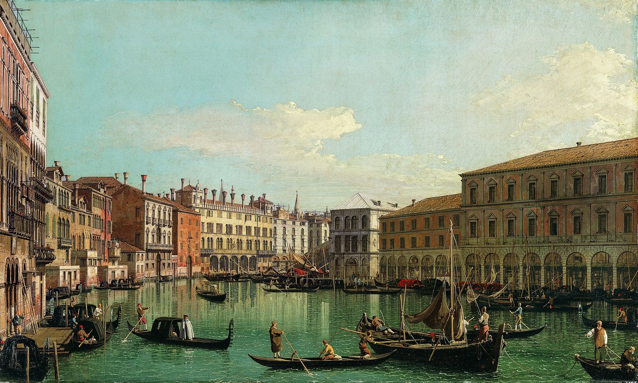 O Grande Canal, Veneza, olhando para o sul em direção à Ponte Rialto, década de 1730. de Giovanni Antonio Canal