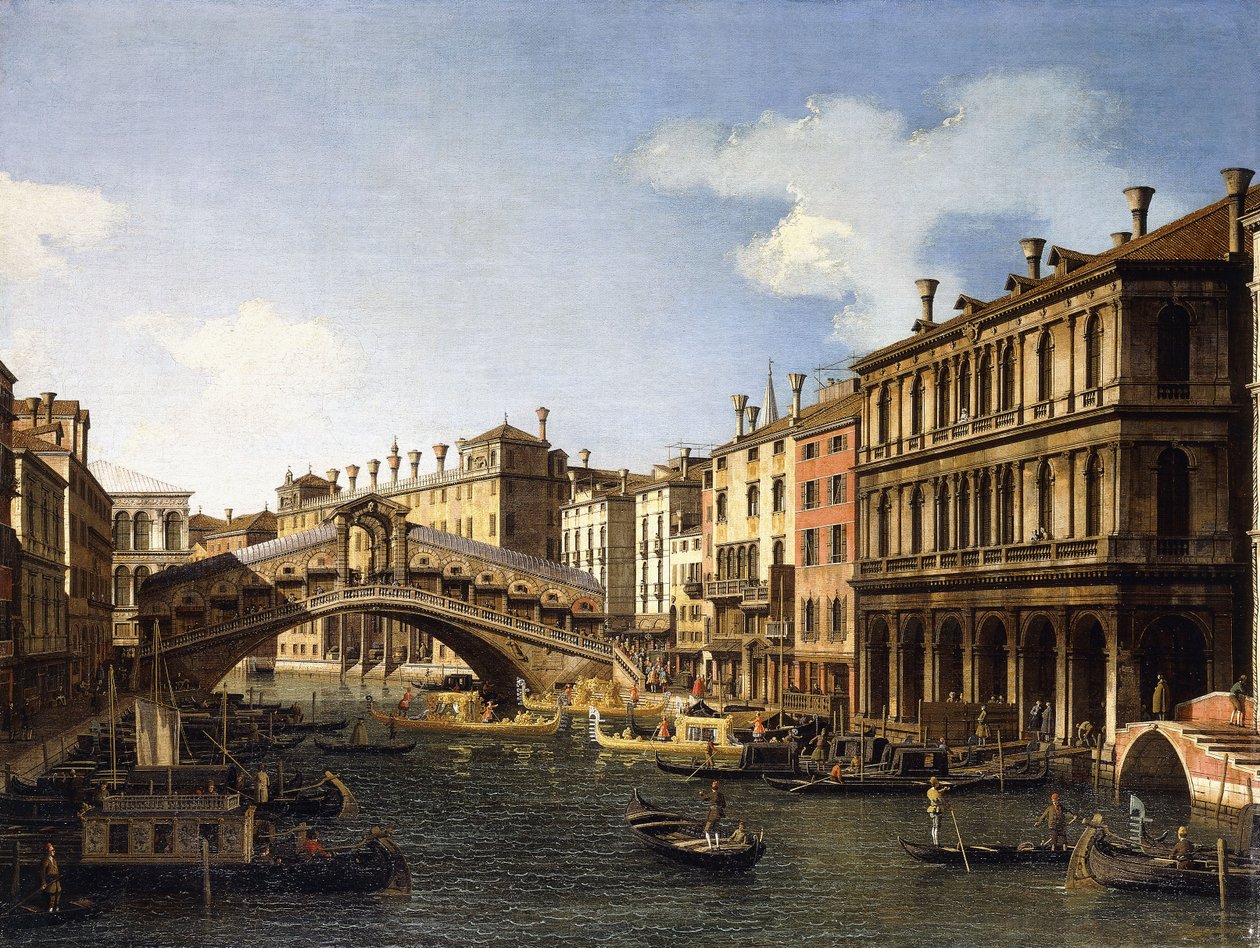 A ponte Rialto, Veneza, do sul, com o embarque do príncipe da Saxônia durante sua visita em 1740, de Giovanni Antonio Canal