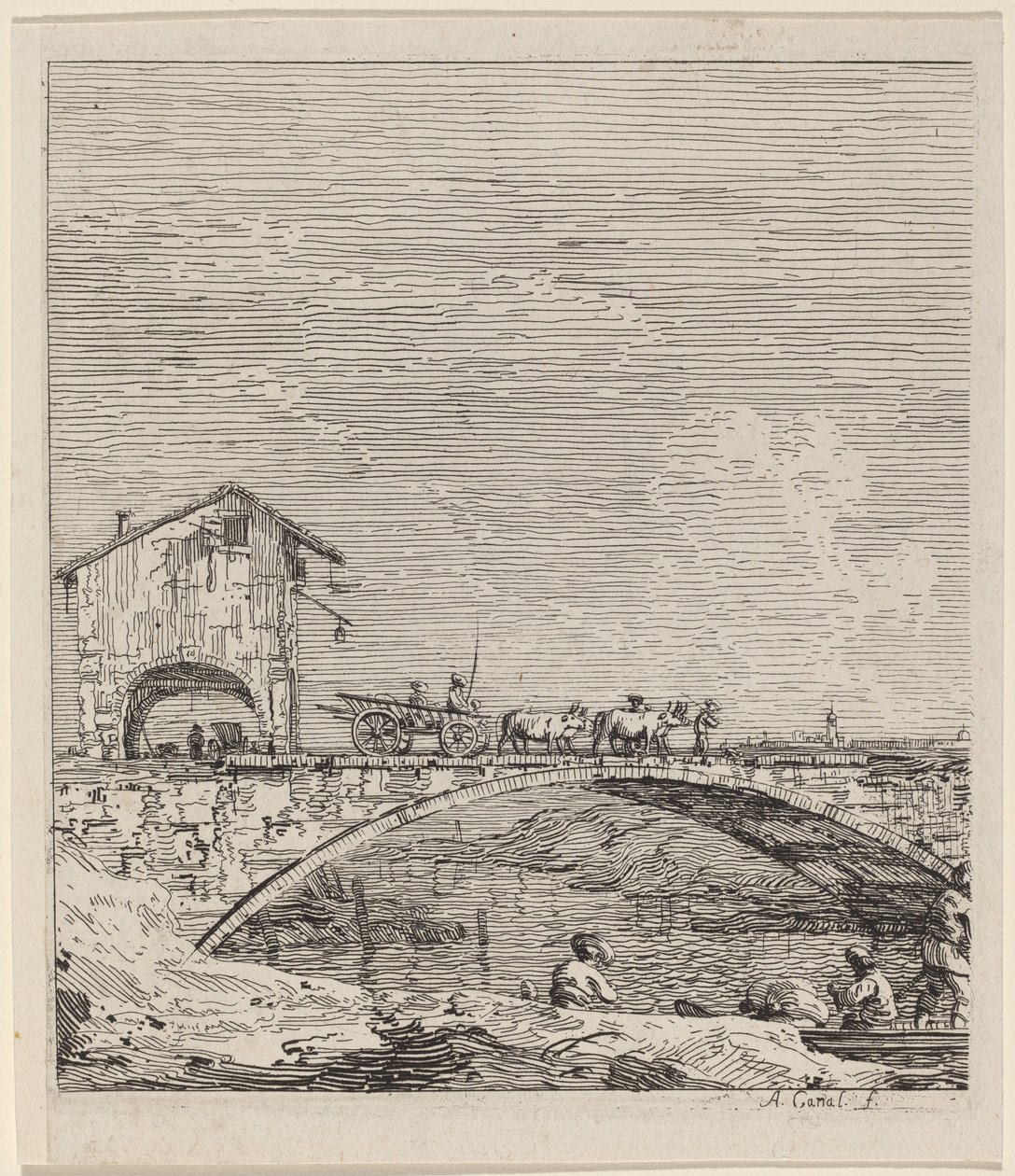 O vagão passando por uma ponte de Canaletto