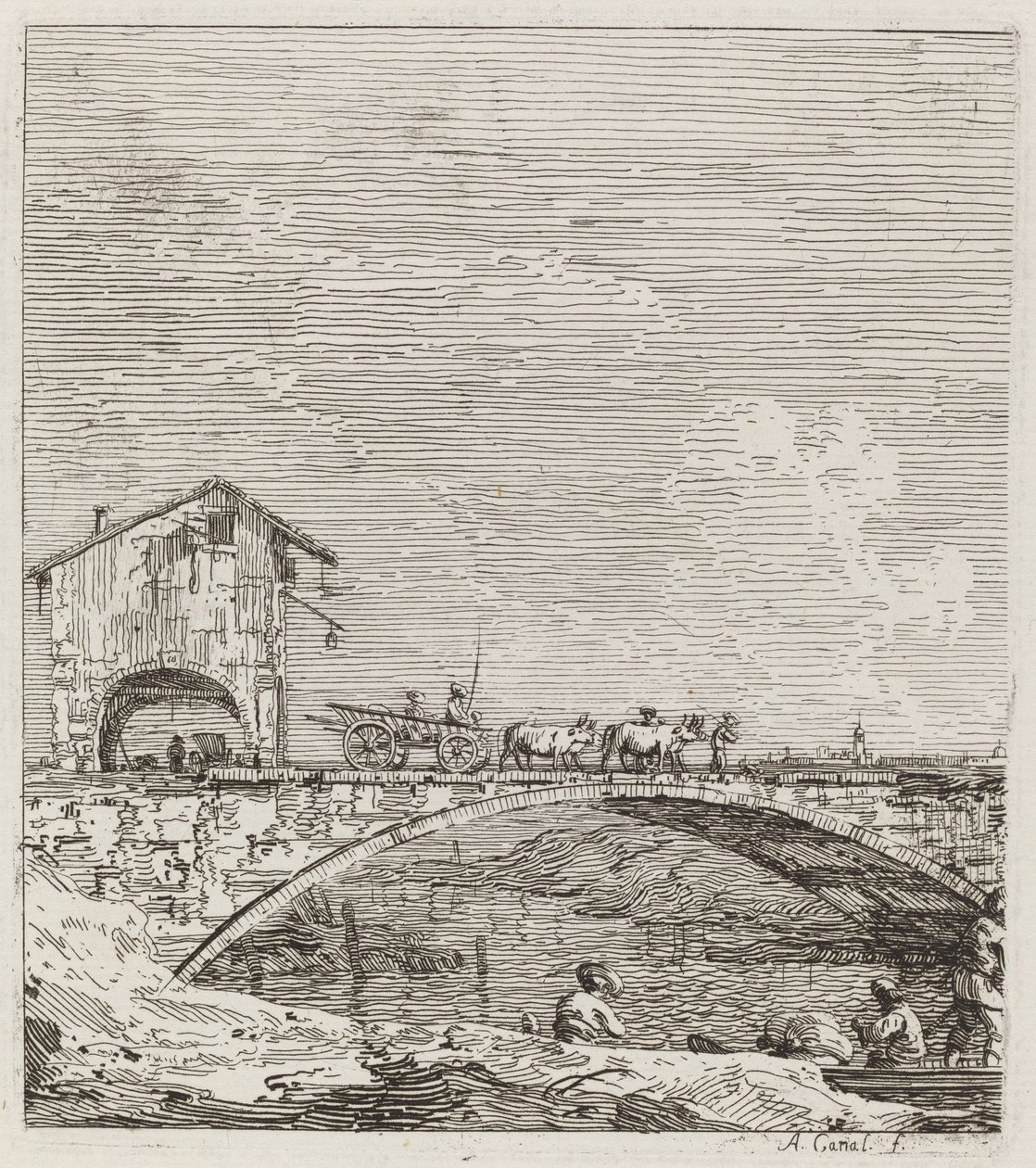 O vagão passando por uma ponte de Canaletto