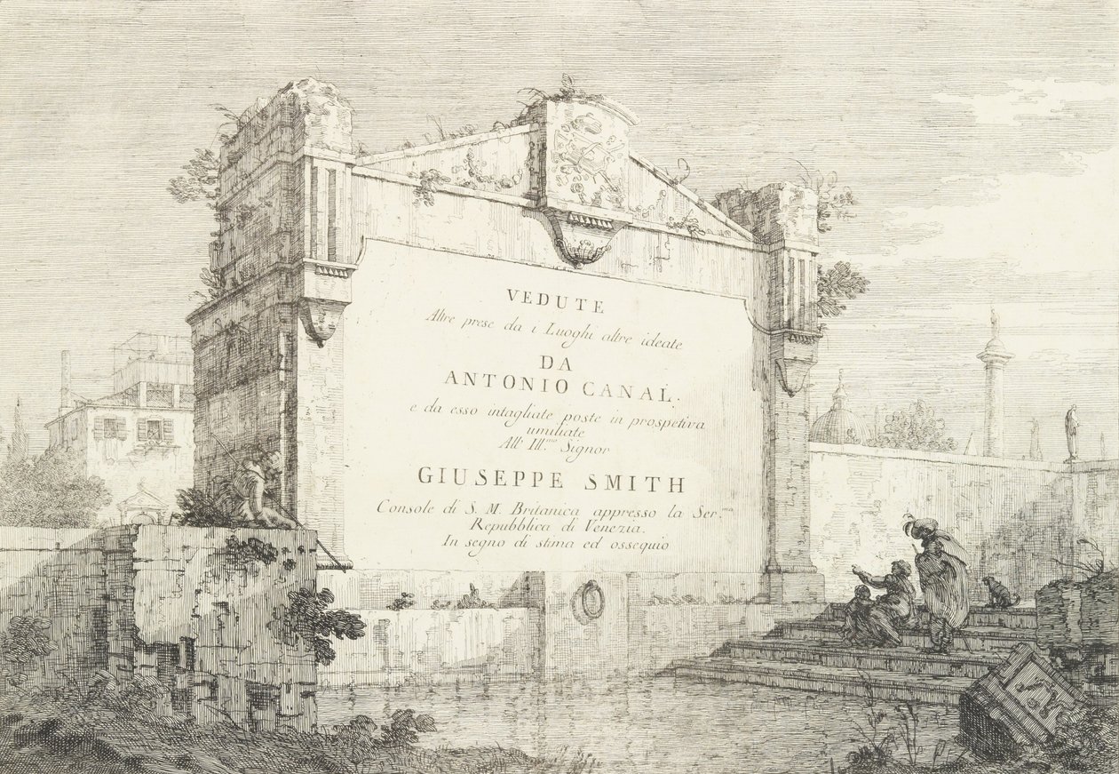 Folha de rosto com grande parede de ruína clássica, com figura sentada à direita..., 1735-46. de Canaletto